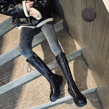 Niulatu High Boots Flat Shoes Boots Women Gothic Black White Leather Boots Winter Shoes Sexy Lady Botas Lace Up Zapatos DJSE